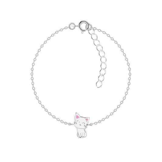 Melchior Jewellery white cat bracelet for girls with delicate silver chain and cute cat charm