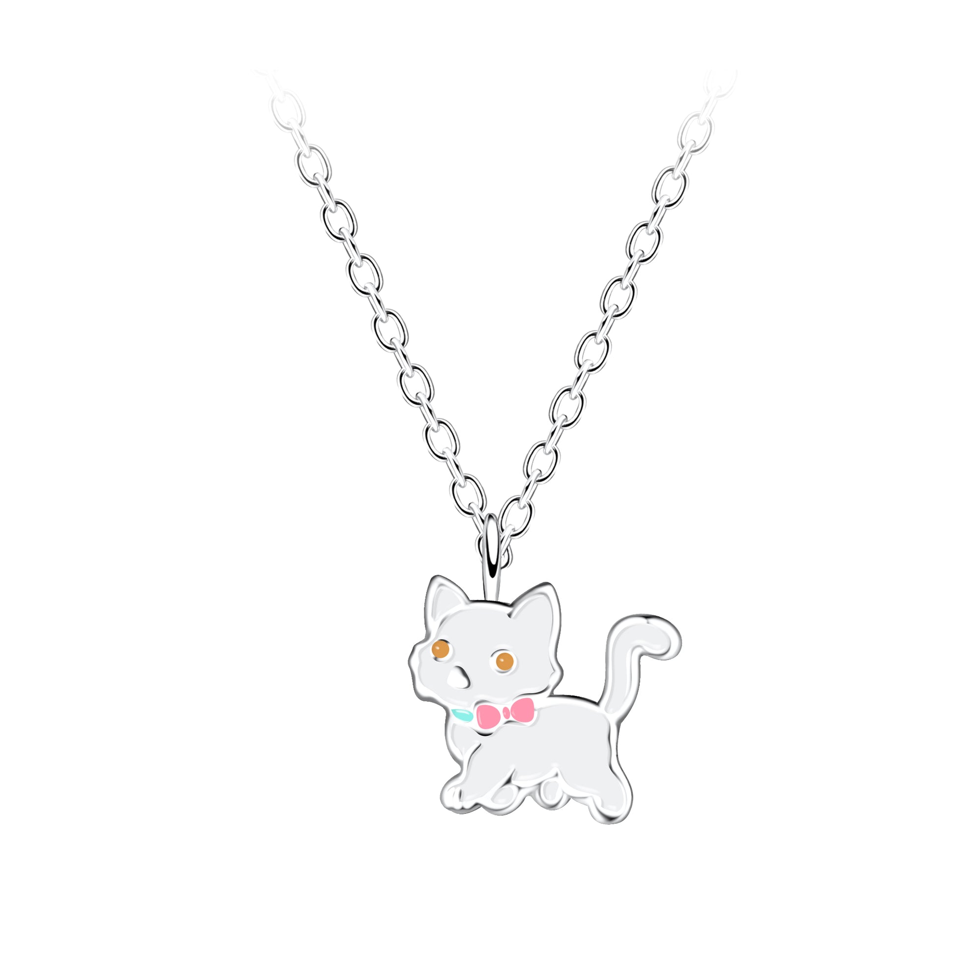 Melchior Jewellery white cat pendant necklace for kids with cute bow design and silver chain