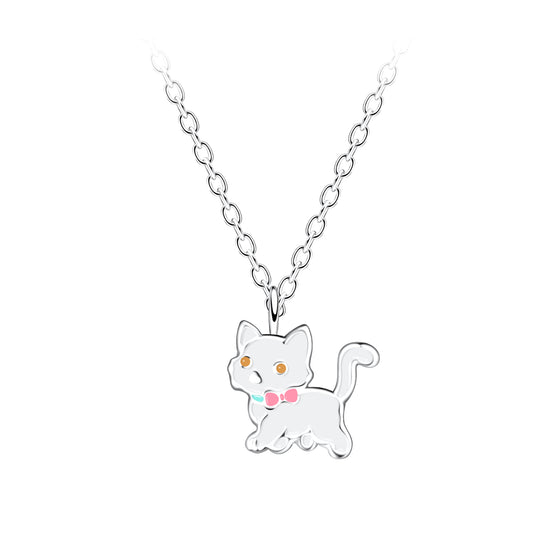 Melchior Jewellery white cat pendant necklace for kids with cute bow design and silver chain