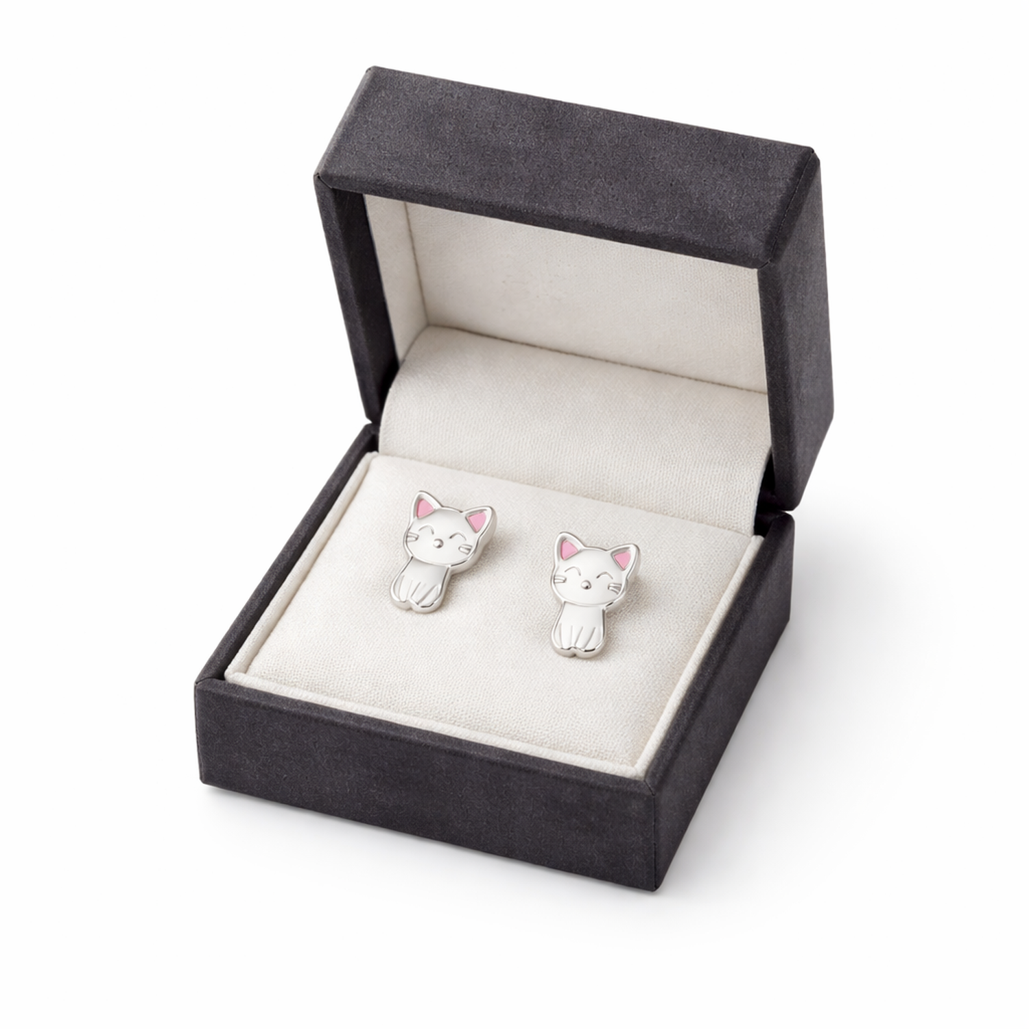 White cat stud earrings for kids by Melchior Jewellery displayed in a black velvet gift box
