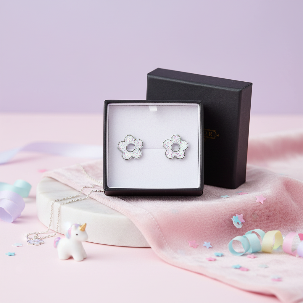 White glitter flower earrings for girls by Melchior Jewellery displayed in a black gift box on a pink fabric background