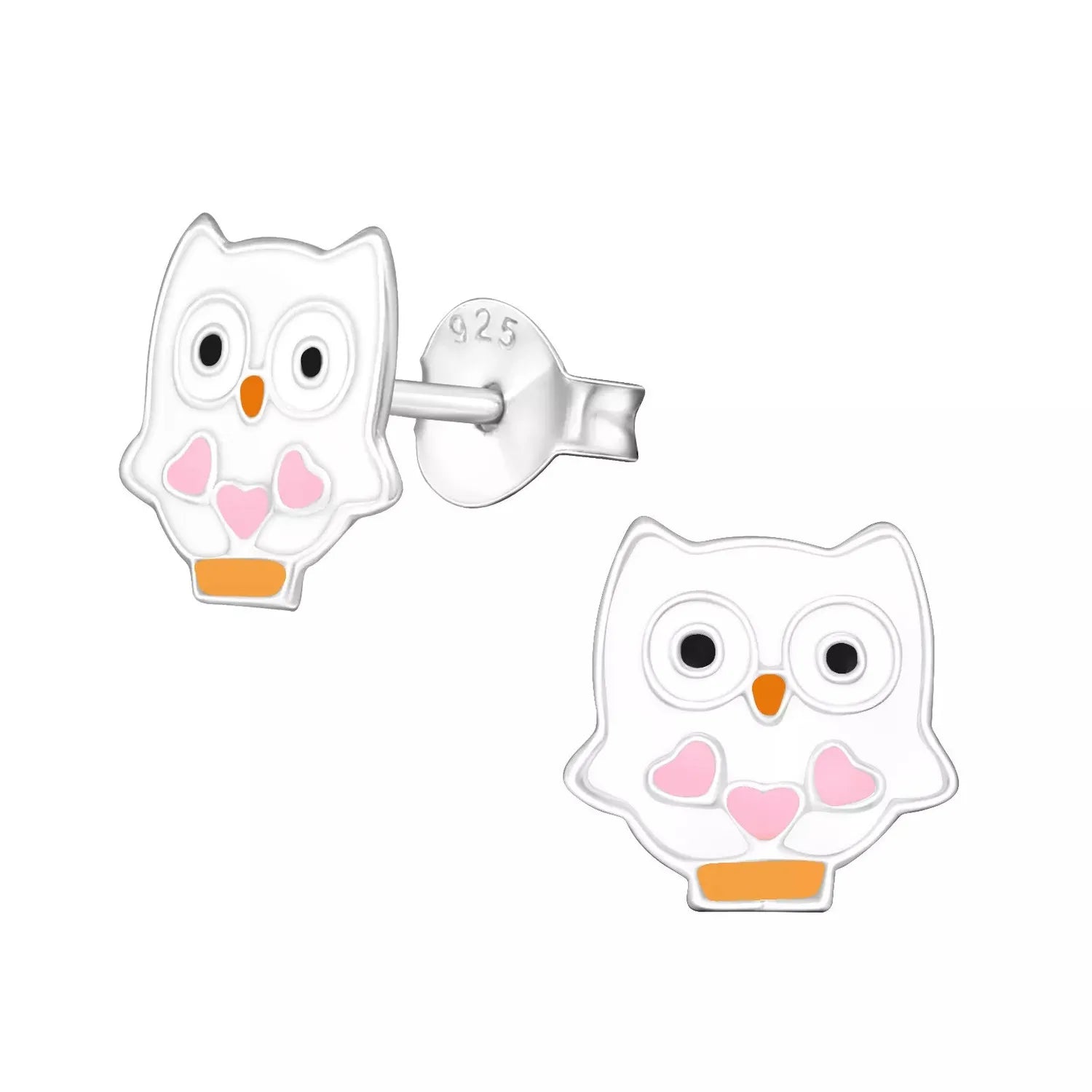 White owl stud earrings for kids with pink heart details and orange beak by Melchior Jewellery