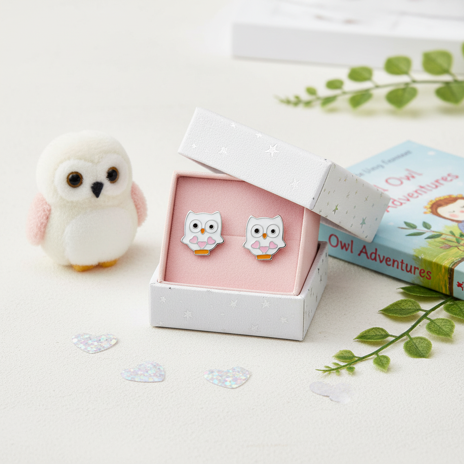 White owl stud earrings for kids by Melchior Jewellery displayed in a star-patterned gift box with a plush owl and children's book
