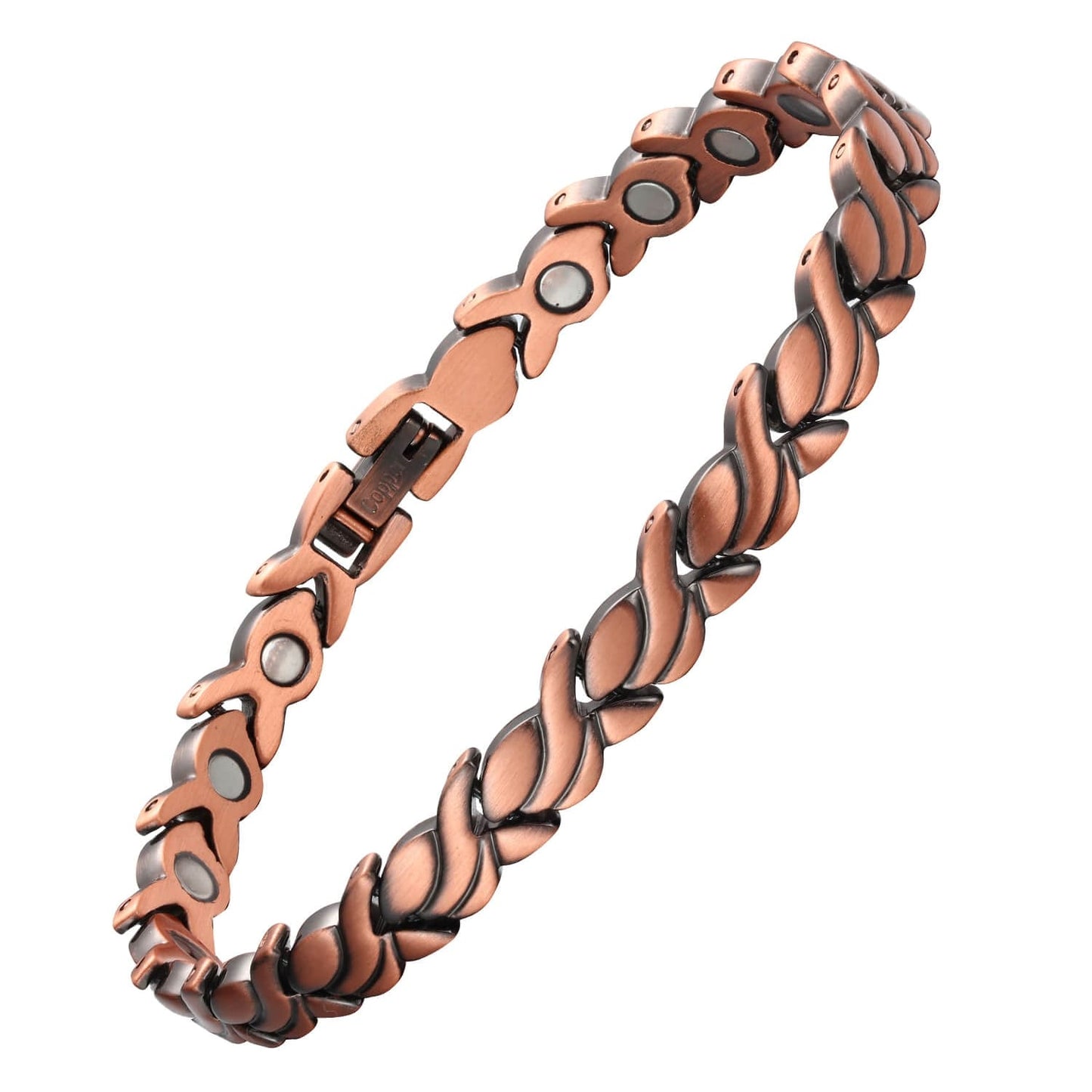 Melchior Jewellery womens copper magnetic bracelet with woven leaf links, clasp and magnetic therapy inserts