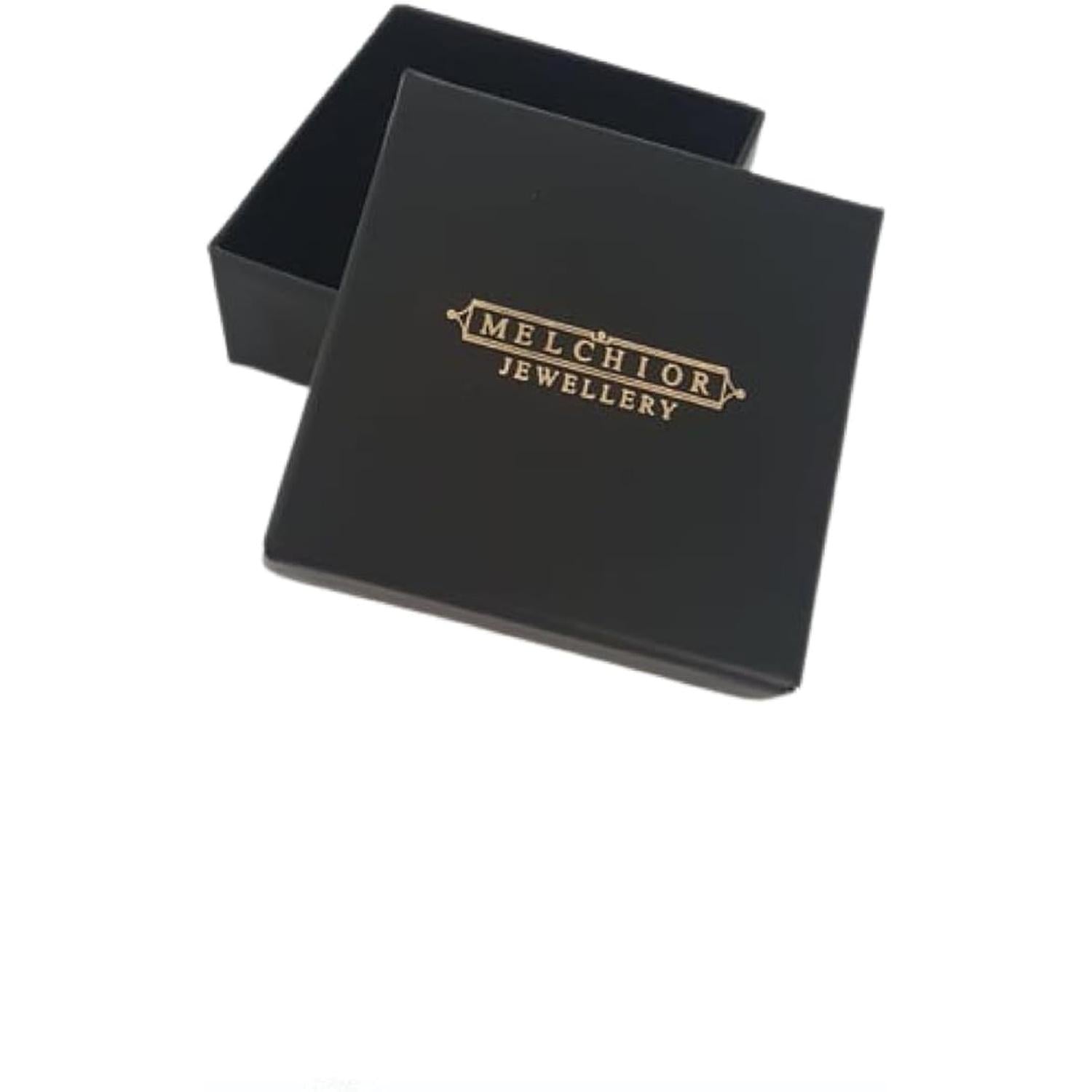 Black jewellery gift box with gold Melchior Jewellery logo for mens multi strand leather bracelet steel