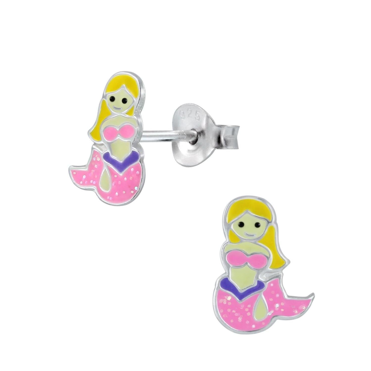 Girls sterling silver mermaid earrings with pink tails, purple fins, and yellow hair by Melchior Jewellery
