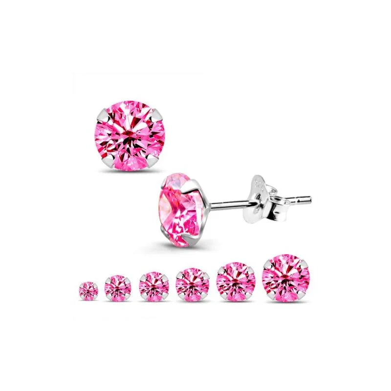 Sterling Silver Pink Round CZ Stud Earrings -Choose Your Size