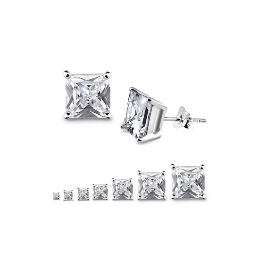 Sterling Silver Clear CZ Square Basket Setting Stud Earrings -Choose Your Size