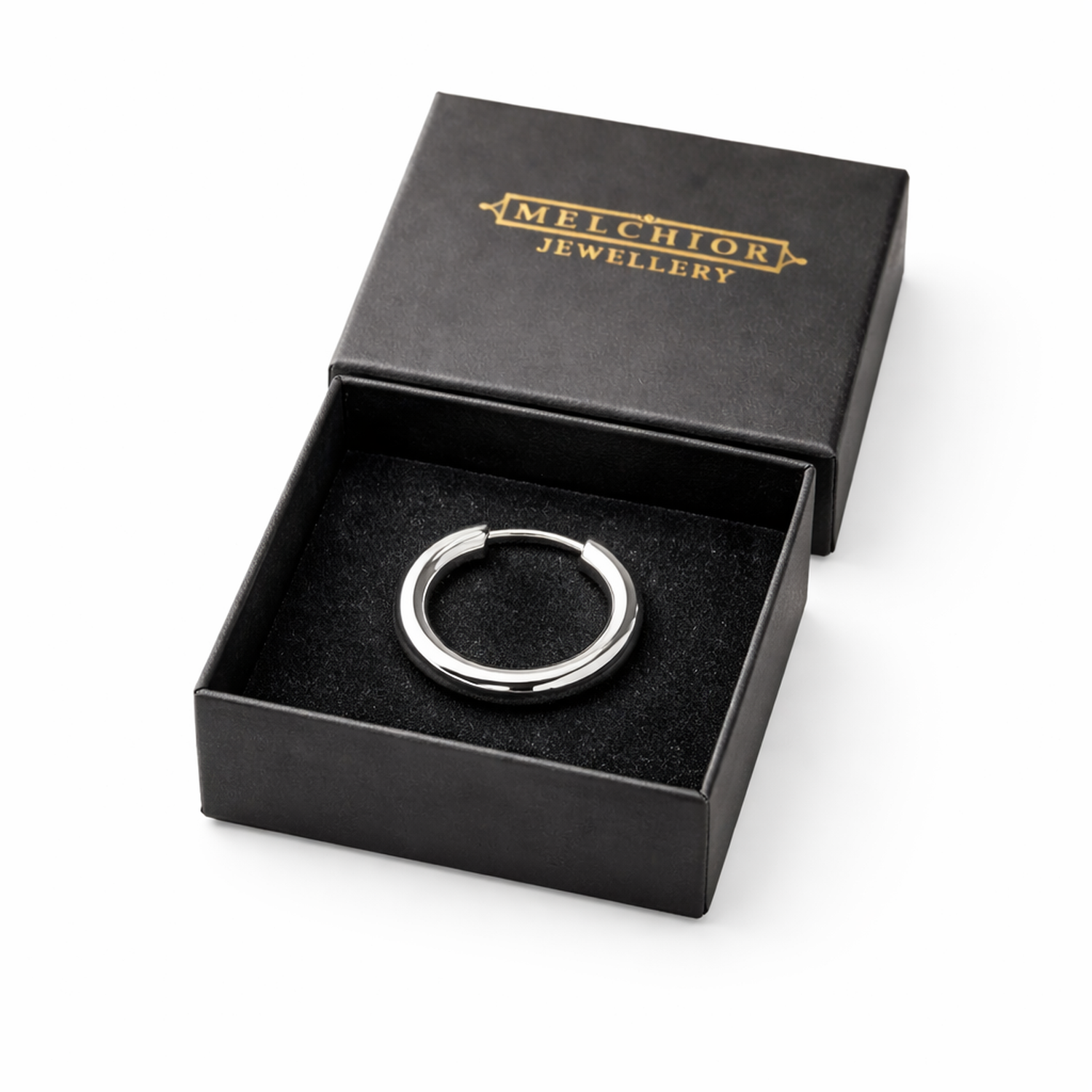 18mm mens hoop earring in polished silver displayed inside a black Melchior Jewellery gift box
