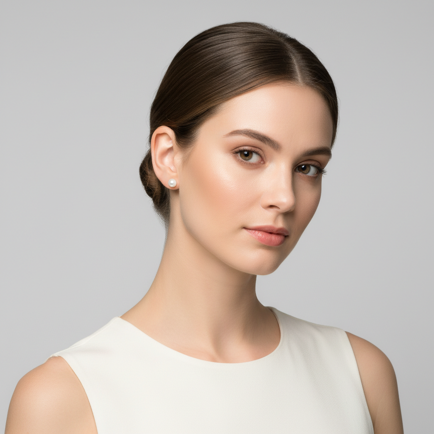 Melchior Jewellery sterling silver pearl stud earrings worn by woman with neat hairstyle and white top