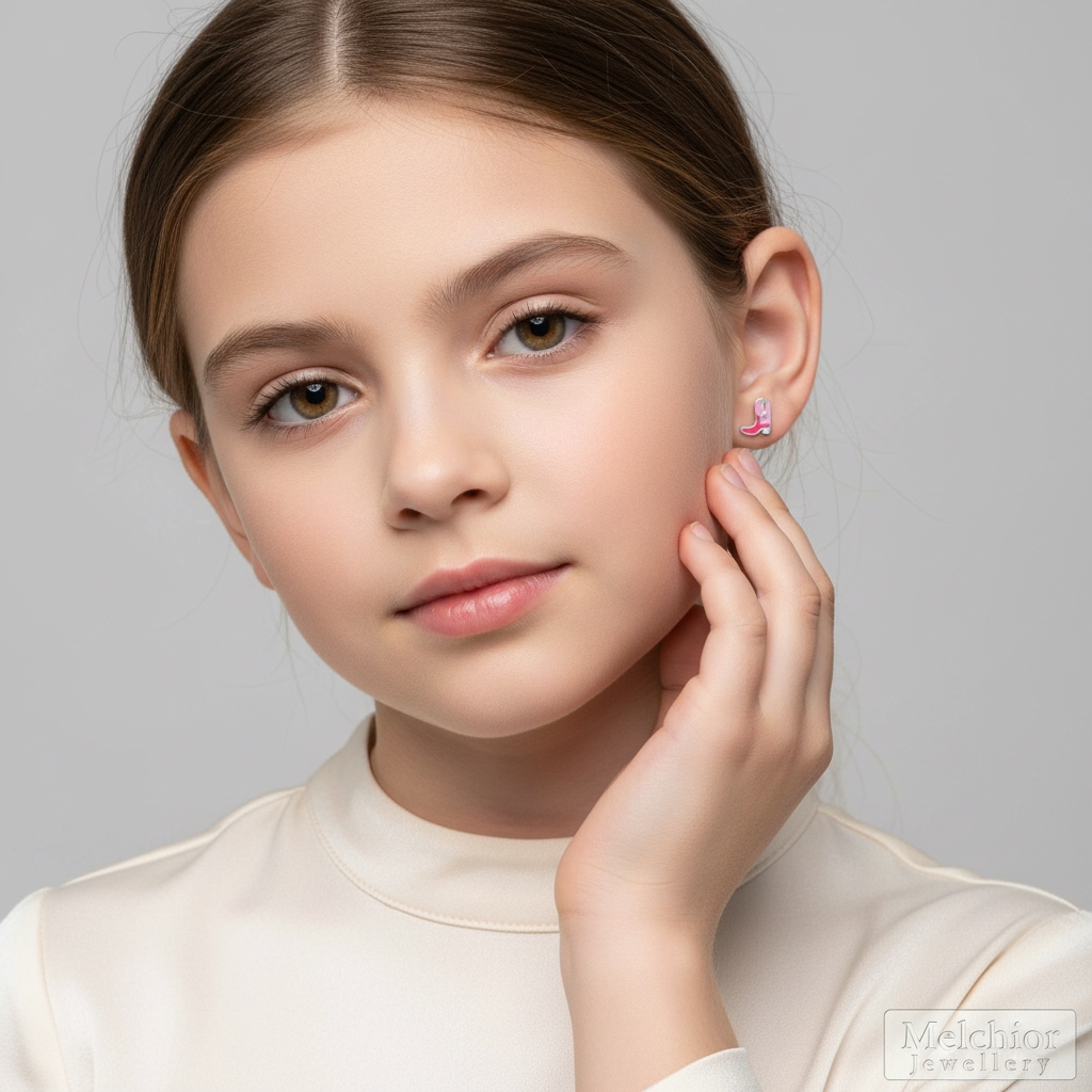 Young girl wearing sterling silver pink cowboy boots stud earrings from Melchior Jewellery