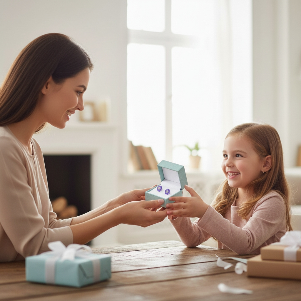 Purple CZ stud earrings for kids presented by mother to smiling young girl at home