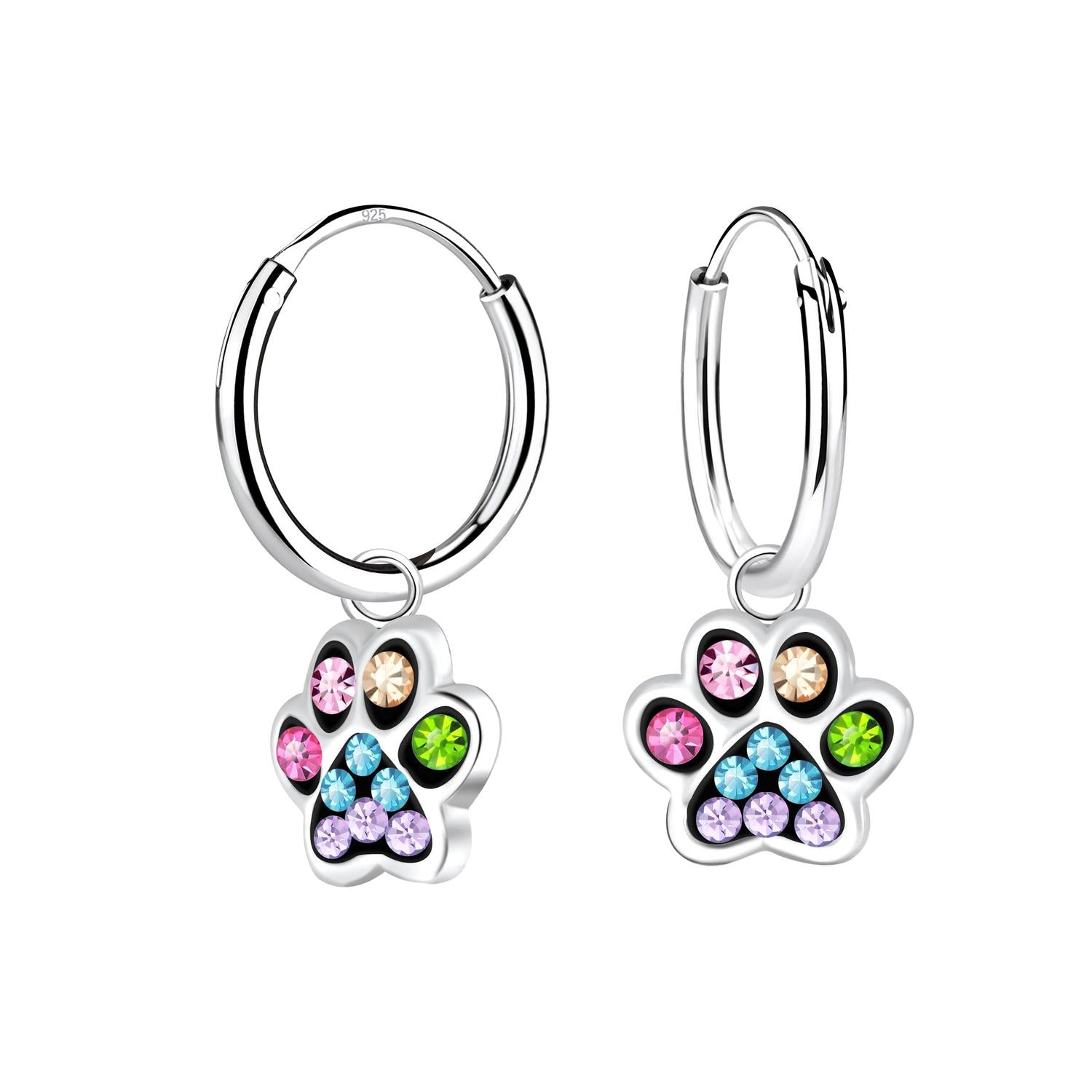 sterling silver crystal paw print hoop earrings for kids with multicoloured crystals by Melchior Jewellery