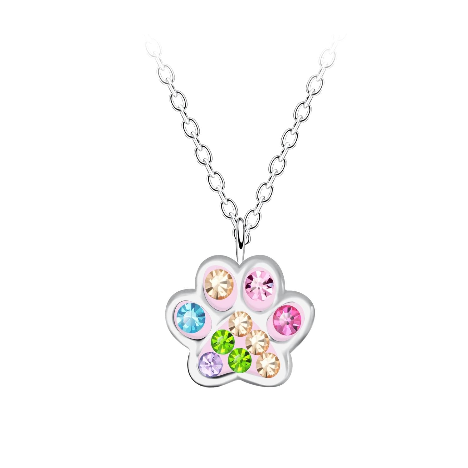 sterling silver CZ Paw Print Necklace with multicolour cubic zirconia stones for children
