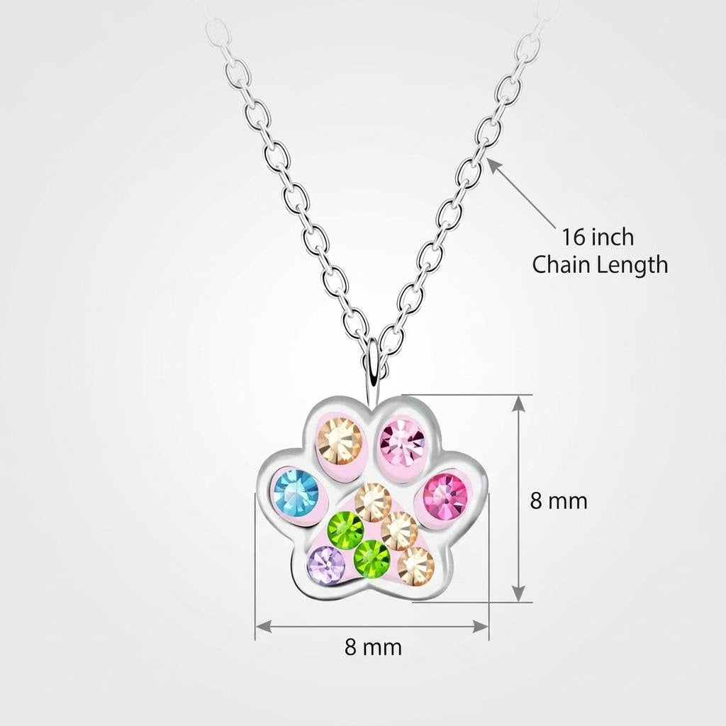 Sterling silver CZ Paw Print Necklace for children with multicolour stones and 16 inch chain