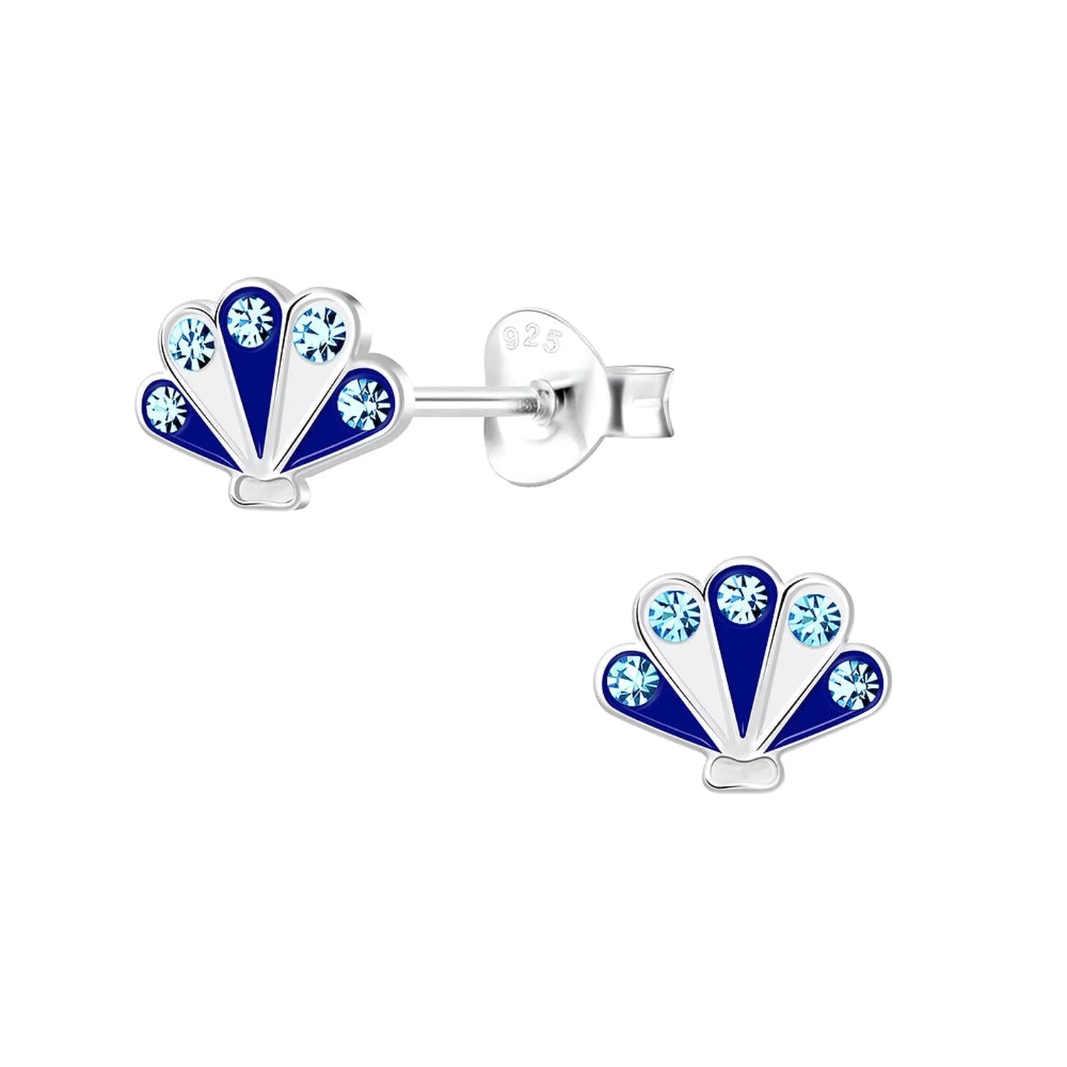 Sterling silver blue and white childrens sterling silver shell earrings with crystal details