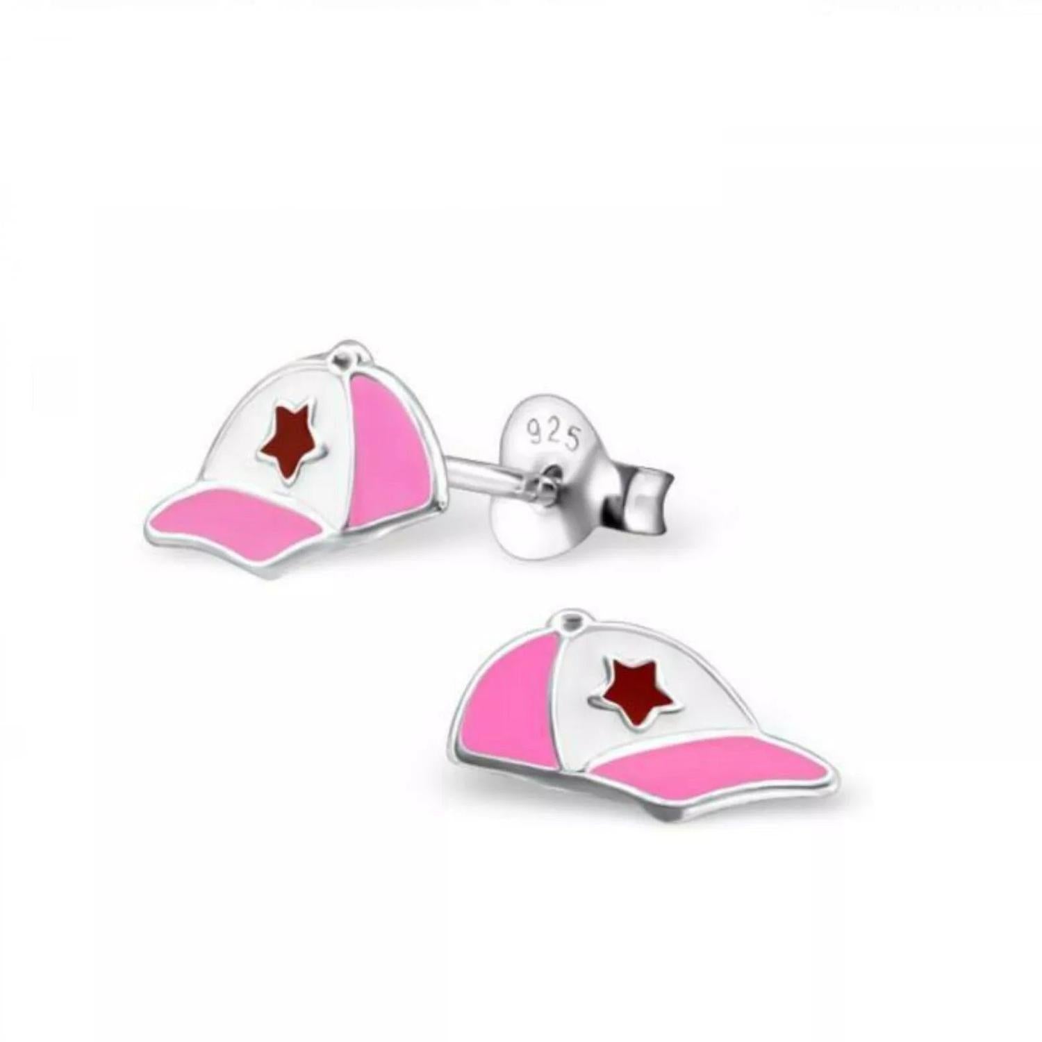 Childrens Girls Sterling Silver Pink Cap Hat Stud Earrings - Melchior Jewellery 