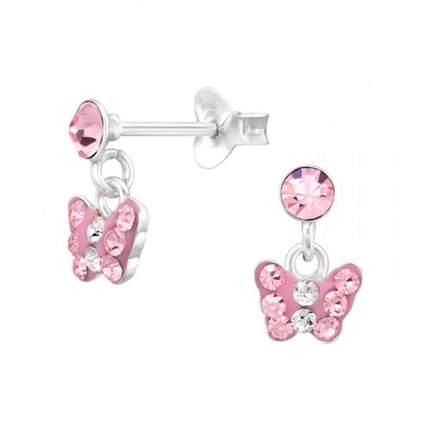 Pink butterfly drop earrings for girls by Melchior Jewellery with sparkling stones on silver studs