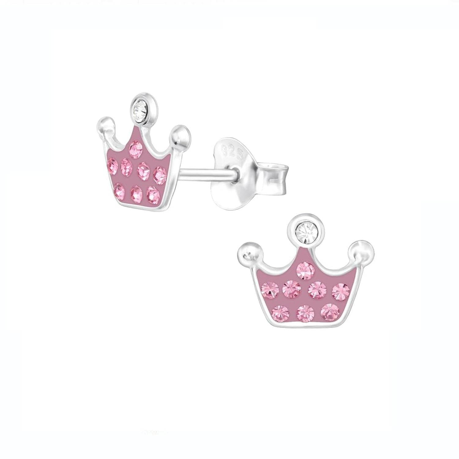 Melchior Jewellery princess pink stud earrings for kids shaped as silver crown with pink stones
