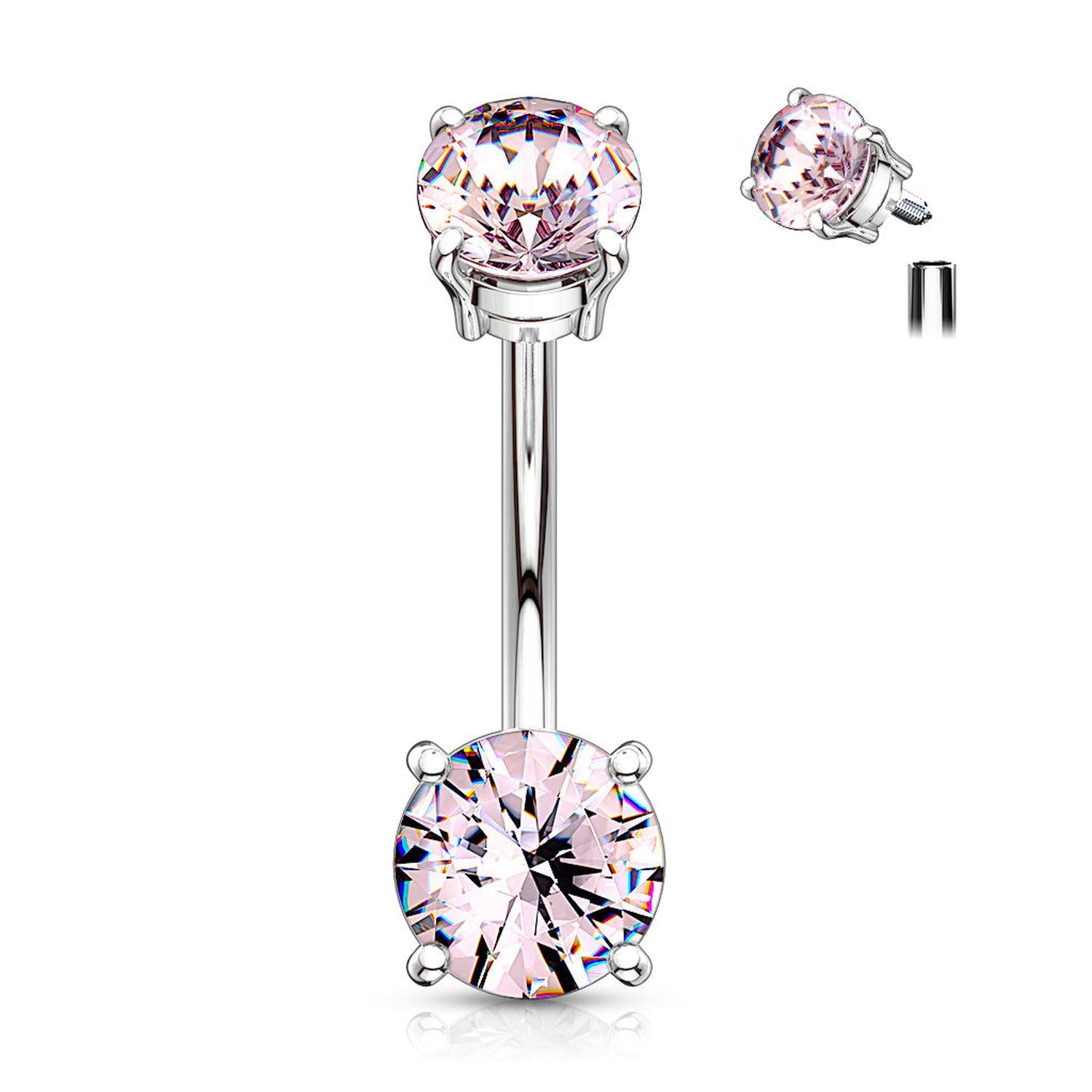 sterling silver belly button piercing with two sparkling pink cubic zirconia crystals Melchior Jewellery