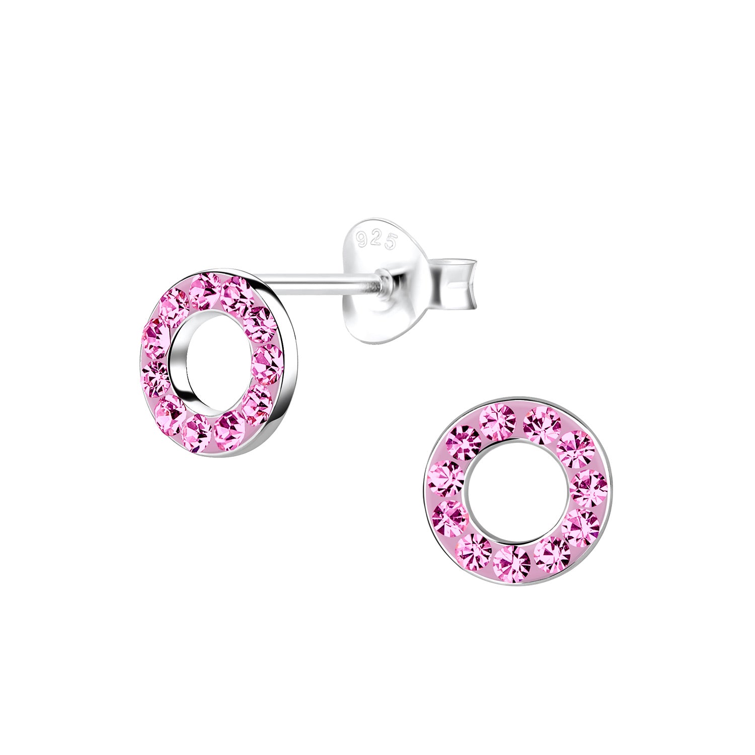 silver sterling silver earrings circular stud design with pink crystals for women