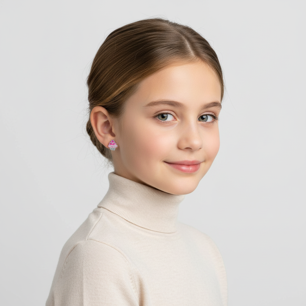 Melchior Jewellery pink cupcake earrings for children worn by a smiling girl with brown hair