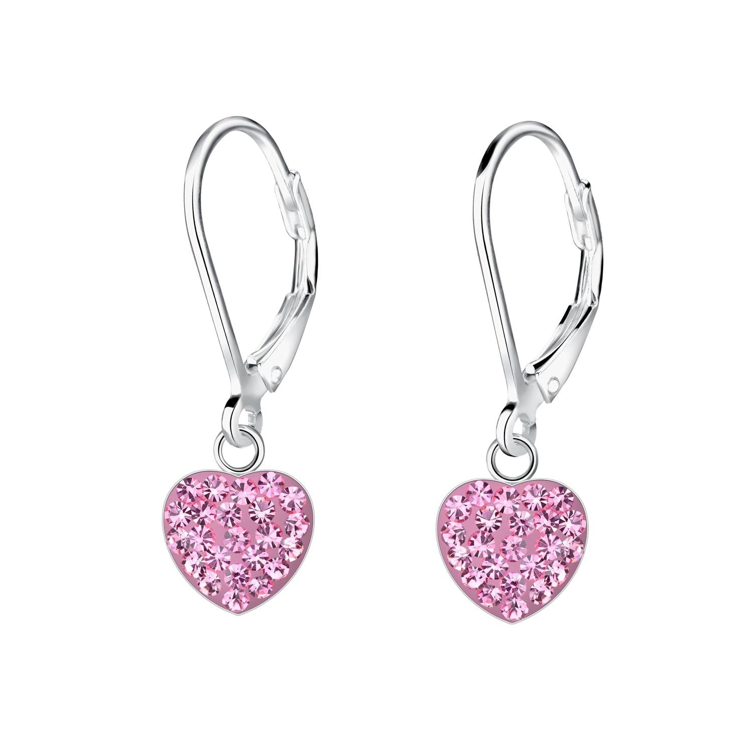 Melchior Jewellery pink crystal heart earrings for kids with silver lever-back hooks
