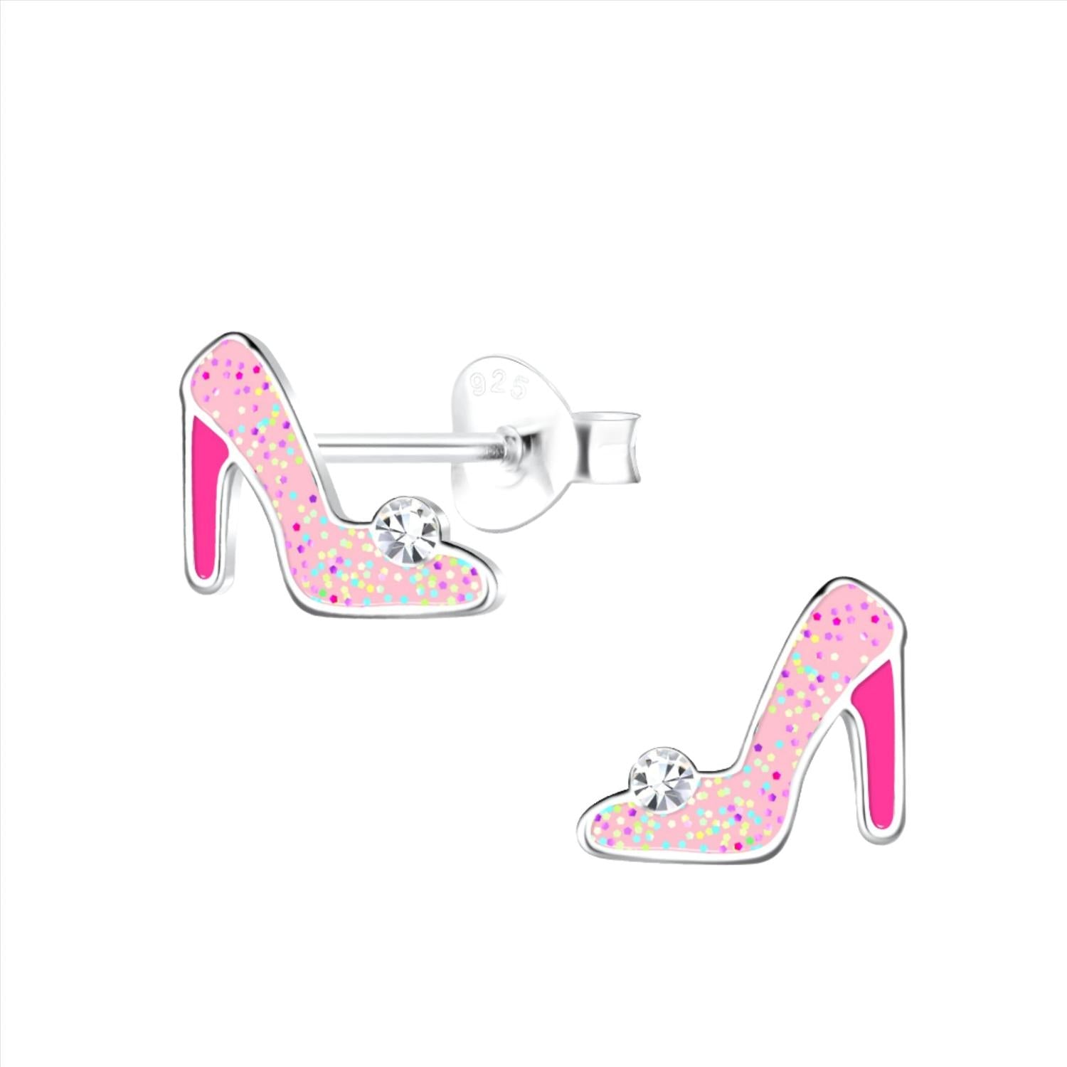 Sterling Silver Girls Pink Shoes Stud Earrings with glitter detail and clear gem by Melchior Jewellery