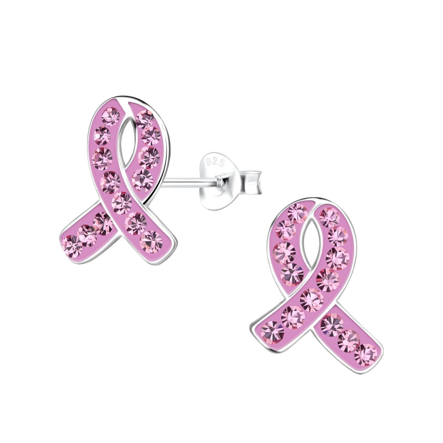 sterling silver Pink Ribbon Stud Earrings with pink crystals for women by Melchior Jewellery