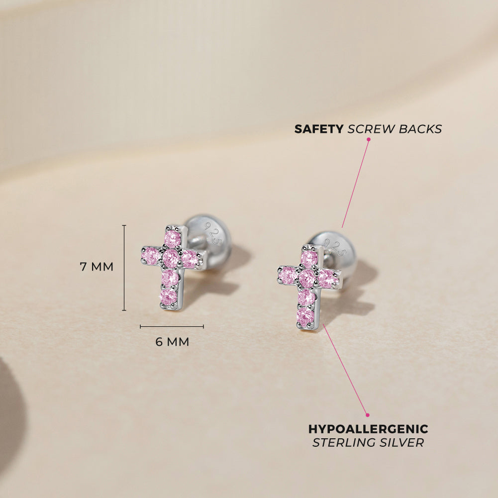 Children's Sterling Silver Pink Cross Screw Back Earrings