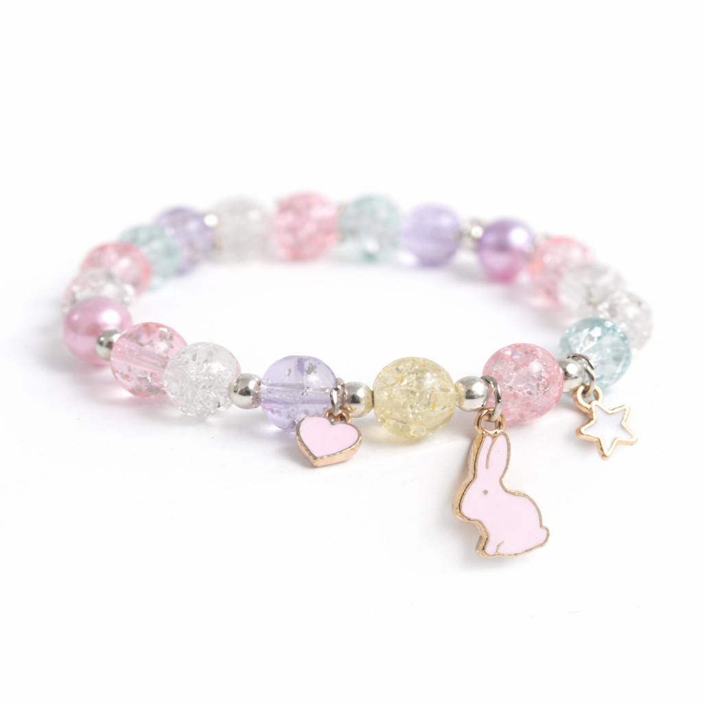 Popcorn bead bunny jewellery for kids bracelet with pastel coloured beads and cute bunny and star charms