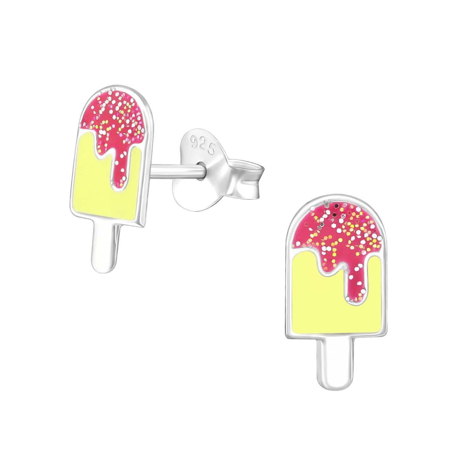 Sterling silver sparkly ice cream kids stud earrings with yellow and pink enamel for children