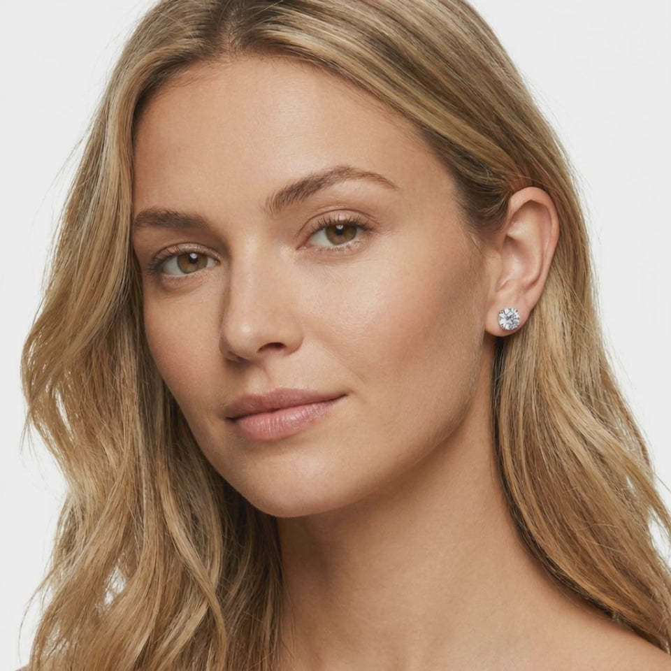 Melchior Jewellery sterling silver round cubic zirconia stud earring rotating 360 degree view showing sparkle and setting detail