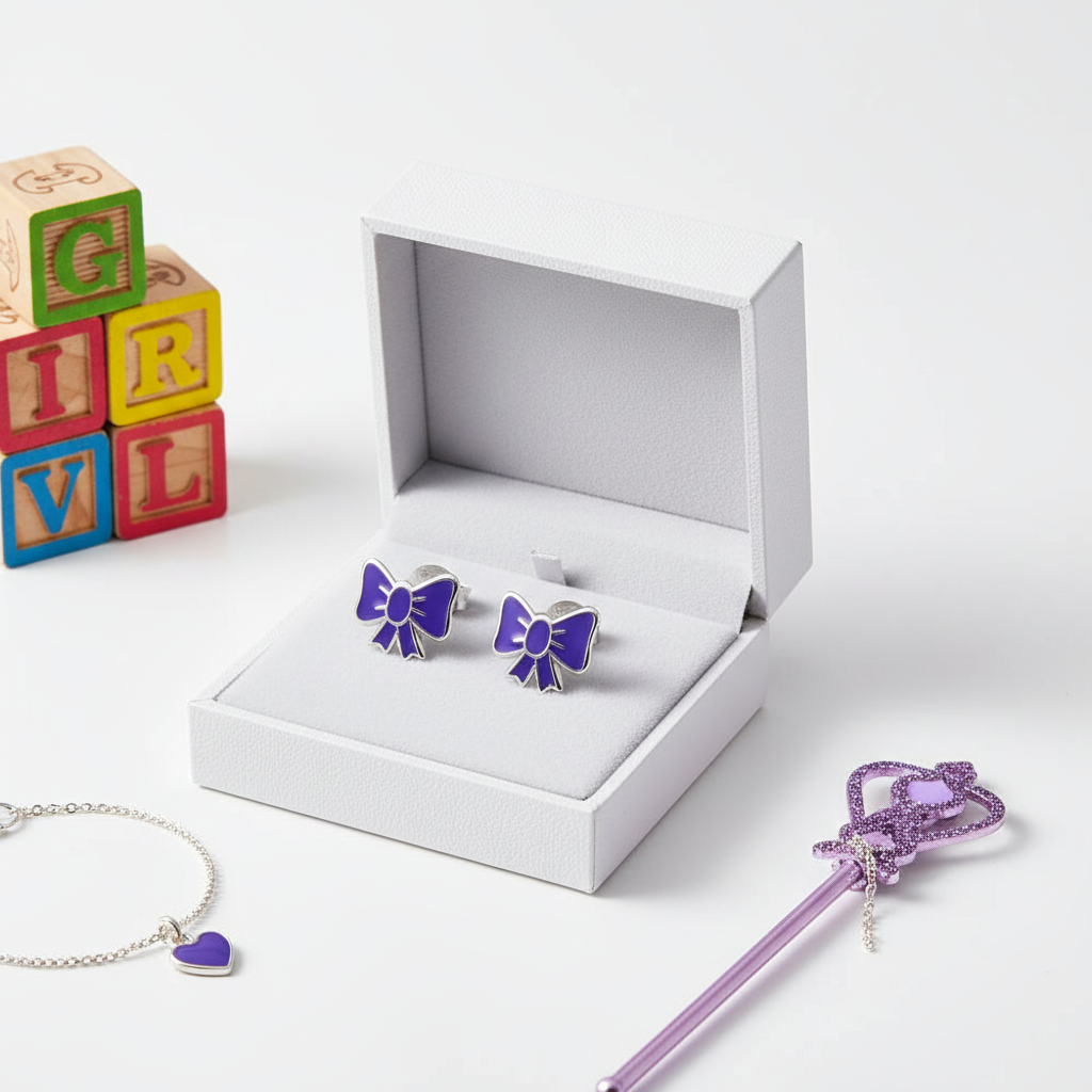 Purple bow stud earrings for kids displayed in a white jewellery box by Melchior Jewellery