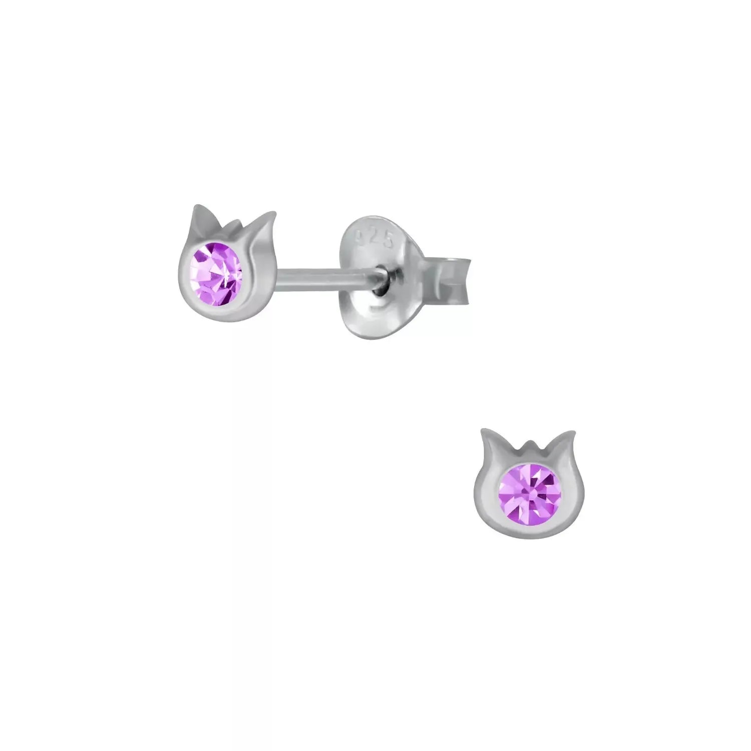 Children's Sterling Silver Tiny Amethyst Crystal Cat Head Stud Earrings - Melchior Jewellery 