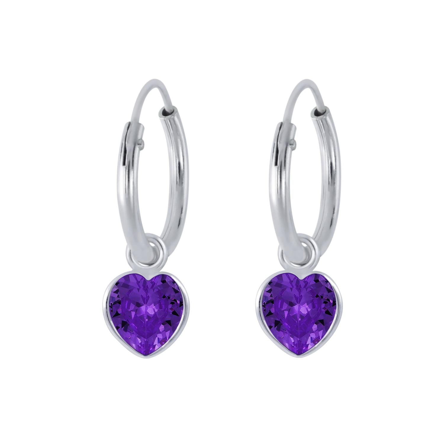 sterling silver violet heart hoop earrings for kids with purple gemstone charm by Melchior Jewellery