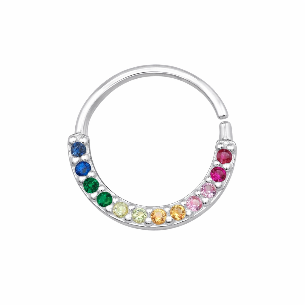 Sterling silver rainbow nose ring by Melchior Jewellery featuring blue, green, yellow, orange, pink and red gemstones