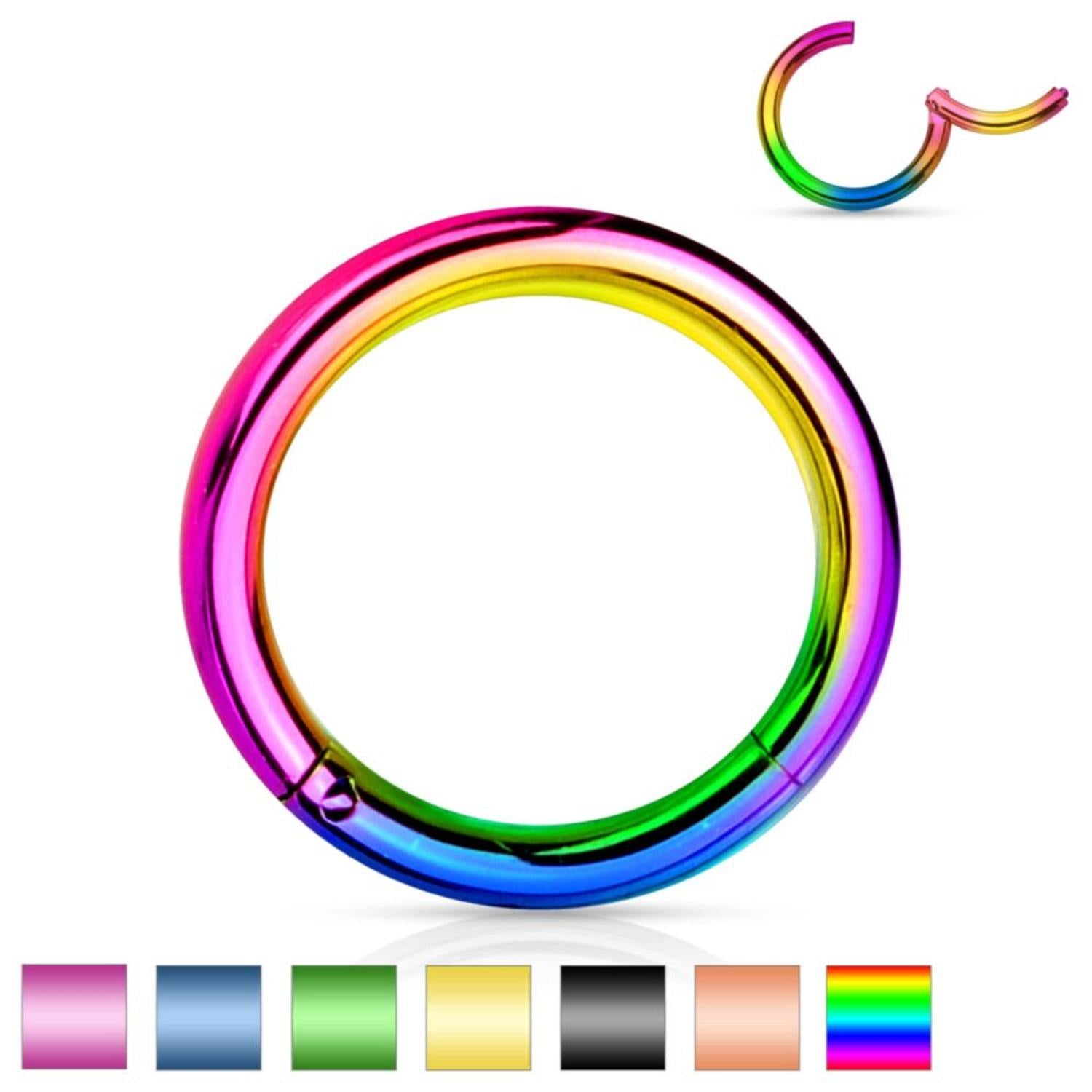 Coloured steel segment ring body jewellery in rainbow finish by Melchior Jewellery for ear or nose piercing