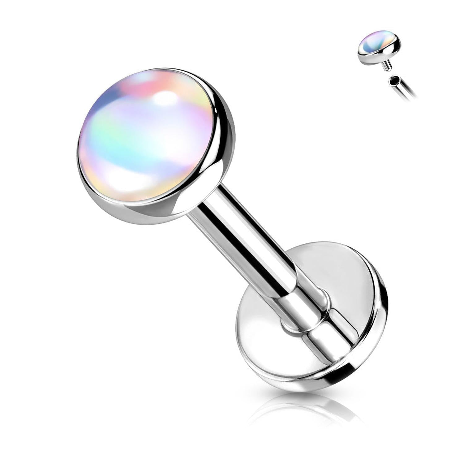 Flat back labret with iridescent stone body jewellery by Melchior Jewellery in polished silver finish