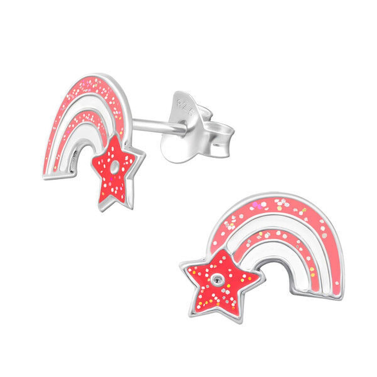 Girls sterling silver rainbow earrings by Melchior Jewellery with pink and red enamel and glitter details