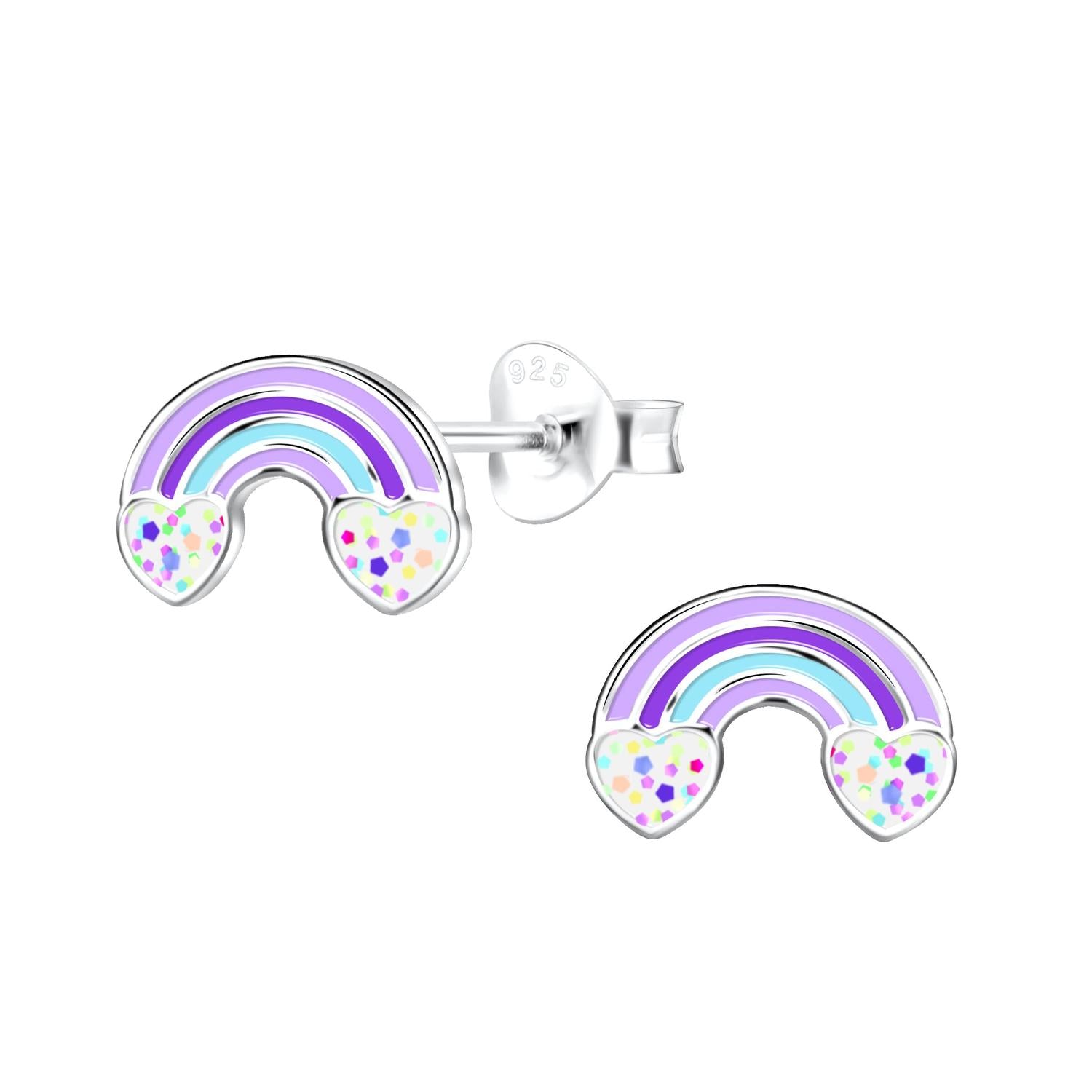 Melchior Jewellery girls rainbow earrings in silver with purple and blue stripes and colourful glitter heart ends