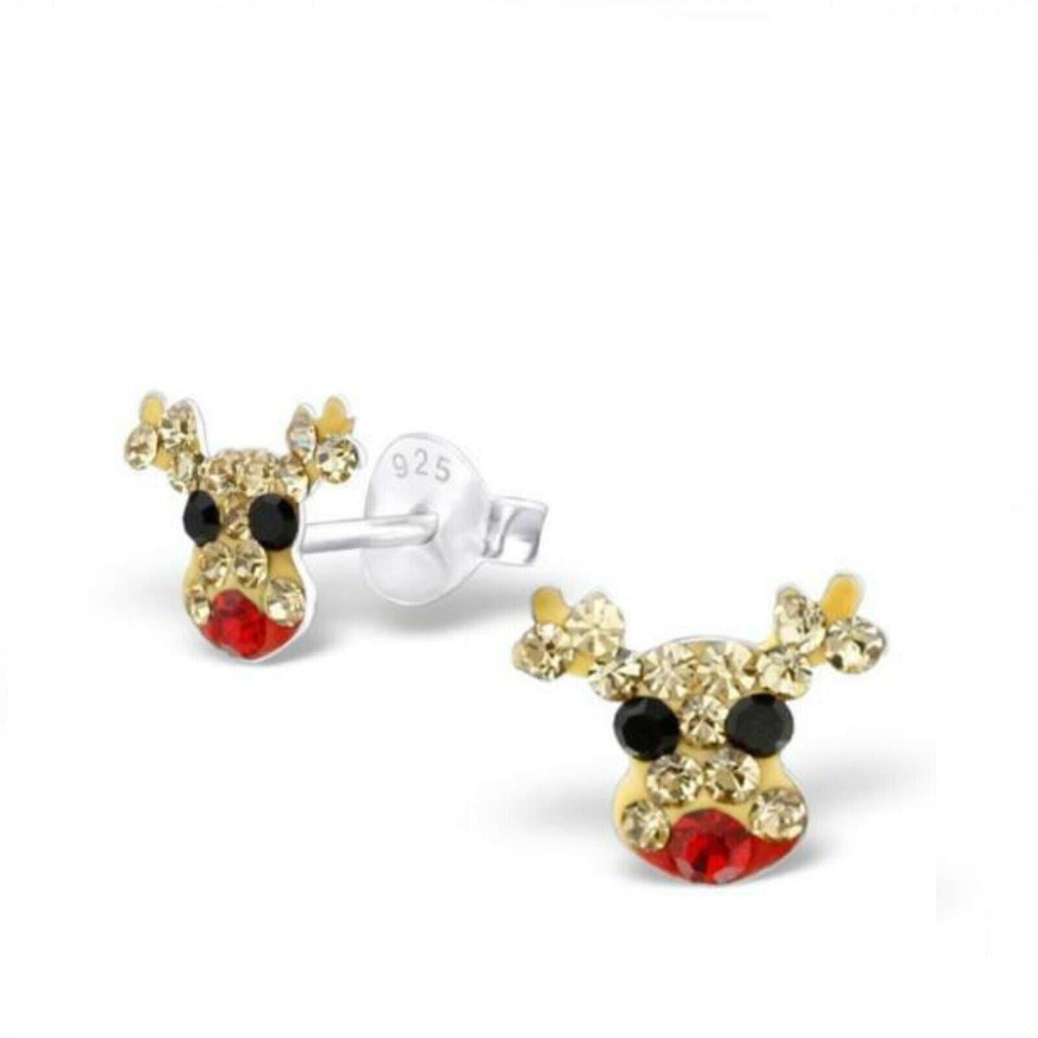 Melchior Jewellery girls sterling silver reindeer earrings with gold tone crystals black eyes and red nose