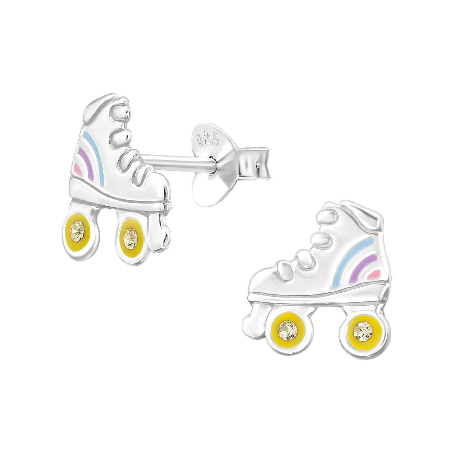 sterling silver girls roller skate earrings with pastel blue and pink details and yellow wheels