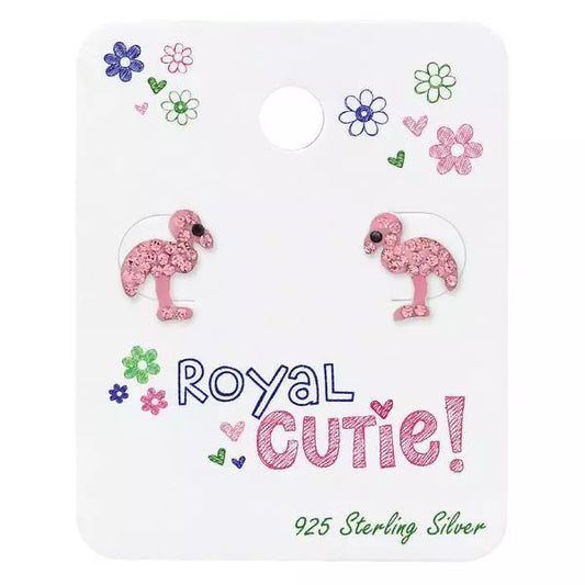 Melchior Jewellery sterling silver pink flamingo earrings for children on decorative card