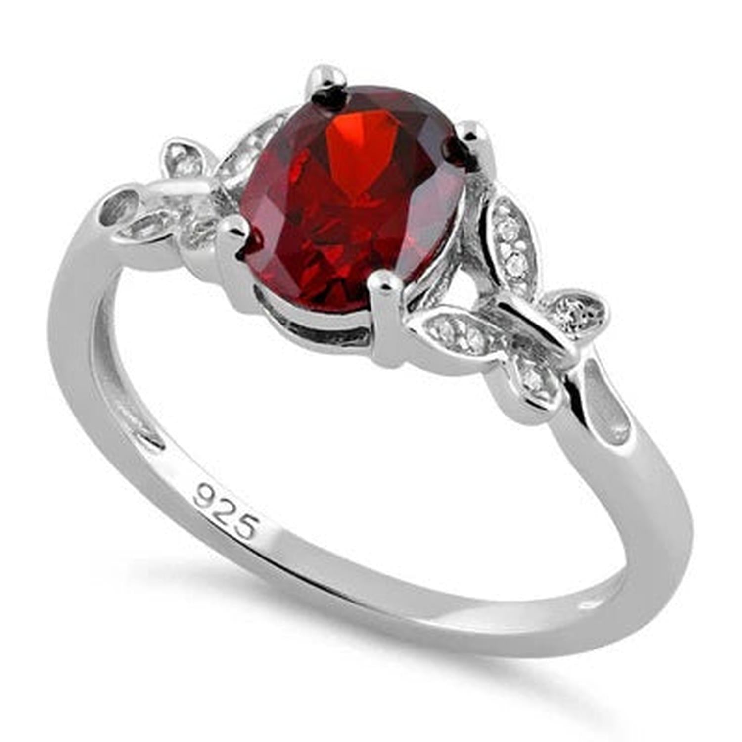 Sterling silver CZ Garnet Butterfly Ring with red garnet centre and decorative butterfly accents for women