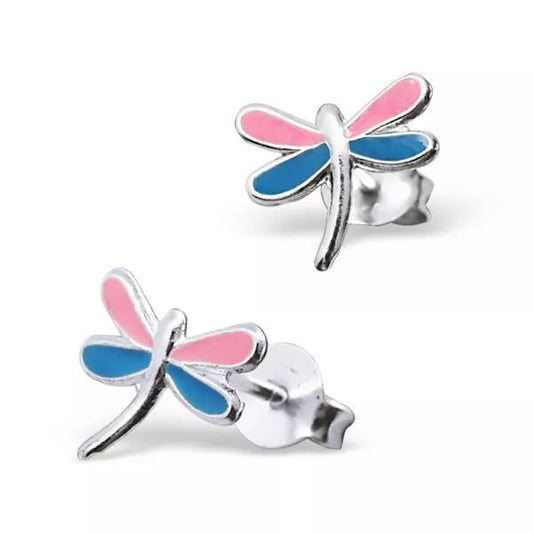 Children's Sterling Silver Pink & Blue Dragonfly Stud Earrings