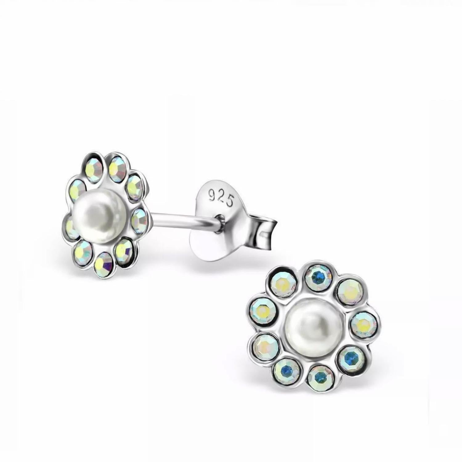 Sterling Silver Crystal Flower Stud Earrings With Pearl - Melchior Jewellery 