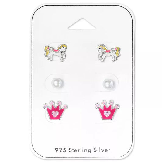 Children's Sterling Silver Crown Unicorn Pearl Stud Earrings Set of 3