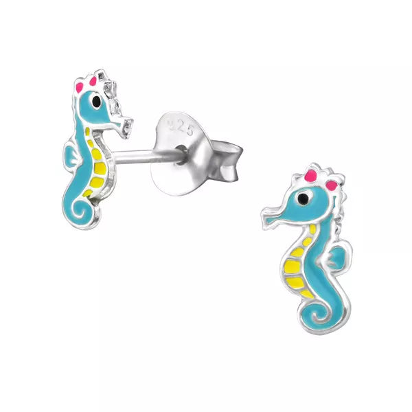 Children's Sterling Silver Colourful Seahorse Stud Earrings