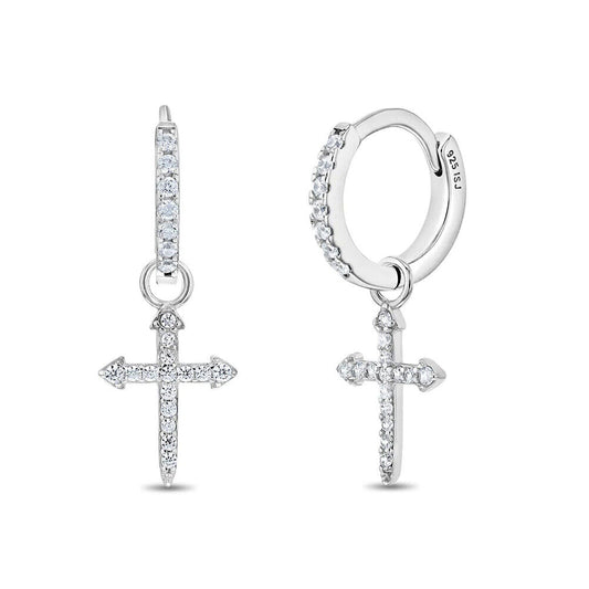 Sterling Silver Girls CZ Dangle Cross Earrings